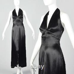 XXS 1930s Black Liquid Satin Halter Dress Backless Evening Gown Old Hollywood