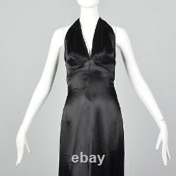 XXS 1930s Black Liquid Satin Halter Dress Backless Evening Gown Old Hollywood