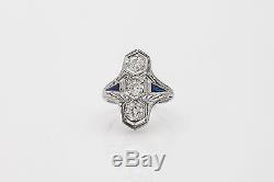 1920 Antique 3500 $ 1ct Old Euro Diamond Blue Sapphire En Or 18 Carats Bague Filigrane
