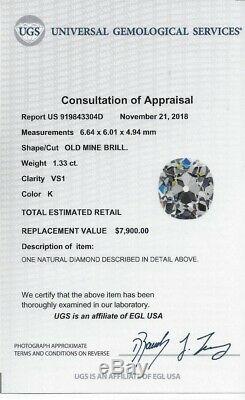 1,33 Carat Certifié K Vs1 Ancienne Mine Coupe Diamant Antique Millésime 1800 Domaine Du Coussin