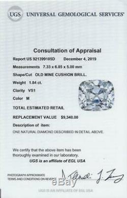 1.84ct Certified Vs1 Vieux Mine Cut Diamond Antique Coussin Brillant Vintage 2ct