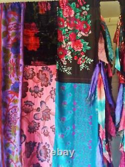 4pc(2pair) Indian Old Sari Patchwork Drape Fenêtre Décor Multi Silk Saree Rideau