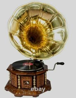 Ancien Laiton Vintage 8 Side Hmv Gramaphone Vieille Musique Winding Phonograph
