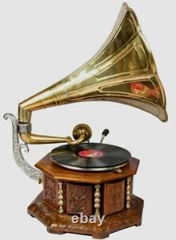 Ancien Laiton Vintage 8 Side Hmv Gramaphone Vieille Musique Winding Phonograph