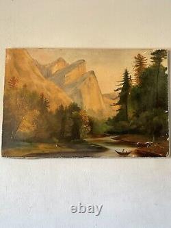 Ancien Paysage Antique Impressionniste Peinture À L'huile Old Lake Snow Mountains