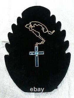 Ancien Vieux Verre Géorgien Vieux Bleu Large Cross Necklace Pendant