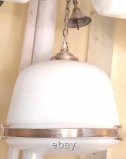 Ancien Vintage Old Art Déco Fixation Plafond Laiton Suspension Lampe En Verre De Lait Léger