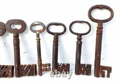 Ancien Vintage Old Rare Lourd Grande Taille 7 Lot Skeleton Barrel Fer Padlock Keys