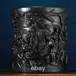 Ancien pot à pinceaux en bois d'ébène sculpté de figure-histoire chinoise de collection d'antiquités vintage belle art