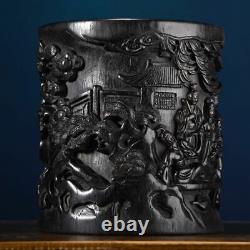 Ancien pot à pinceaux en bois d'ébène sculpté de figure-histoire chinoise de collection d'antiquités vintage belle art