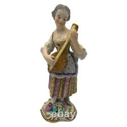 Ancienne Meissen Porcelaine Figurine D'une Musicienne Jouant De La Guitare Statue Vieille