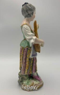 Ancienne Meissen Porcelaine Figurine D'une Musicienne Jouant De La Guitare Statue Vieille