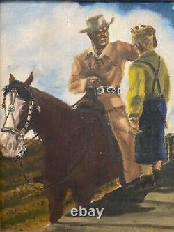 Ancienne Peinture À L'huile Vieux-ouest Américain Wpa Cowboy Horse, Signée Dans Les Années 1940