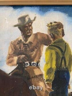 Ancienne Peinture À L'huile Vieux-ouest Américain Wpa Cowboy Horse, Signée Dans Les Années 1940