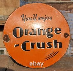 Ancienne Vieille Antiquité Des Années 1930 Crush Orange Très Rare Porcelaine Enamel Panneau D'affichage