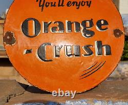 Ancienne Vieille Antiquité Des Années 1930 Crush Orange Très Rare Porcelaine Enamel Panneau D'affichage
