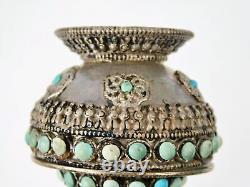 Ancienne bouteille à tabac en argent tibétain antique avec turquoise et corail