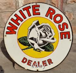 Années 1930 Old Antique Vintage Rare White Rose Oil Dealer Porcelaine Enamel Sign Board