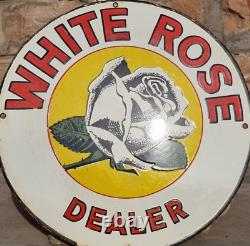 Années 1930 Old Antique Vintage Rare White Rose Oil Dealer Porcelaine Enamel Sign Board