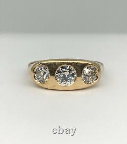 Antique 14k Or Jaune 1.39ct Old European Cut Diamond Gypsy 3 Stone Men's Ring