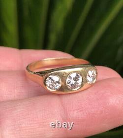 Antique 14k Or Jaune 1.39ct Old European Cut Diamond Gypsy 3 Stone Men's Ring