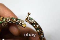 Antique +150 Ans Vieux 10k Or Massif, Naturel Émeraude Et Bracelet Perle