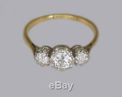 Antique 1.00ct Old Cut Européenne Diamant Or 18 Carats Vintage Edwardian Bague Trilogie