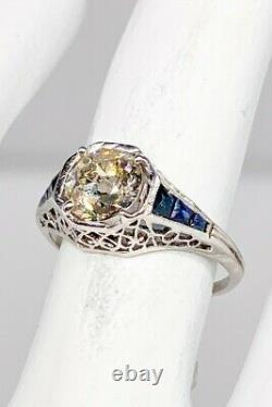 Antique Années 1920 $20,000 2ct Old Euro Diamond Blue Sapphire Platinum Filigree Ring