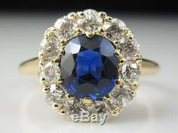 Antique Blue Sapphire Ancienne Mine De Diamants Bague En Or Jaune 14k Art Déco Vintage