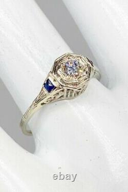 Antique Des Années 1920. 65ct Old Euro Diamond Blue Saphir 18k White Gold Filigree Anneau
