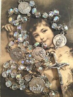 Antique Italien Vintage Vieux Verre Ab Cristal Perles De Rosaire Croix D'argent Saints