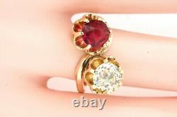 Antique Lourd 14k Yg 3.41ct Old Miner Diamant & Ruby Cocktail Ring Taille 7.75