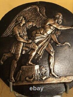 Antique Plaque Bronze Allégorie Daedal Icarus Patina Reliefs Décor Rare Vieux 19ème