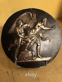 Antique Plaque Bronze Allégorie Daedal Icarus Patina Reliefs Décor Rare Vieux 19ème