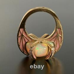 Antique Rene Lalique 18k Or 16.3mm Opale, 54 Old Cut Diamonds Pink Enamel Ring
