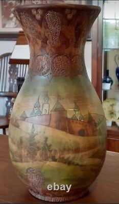 Antique Russe Vase Folk Bois Sculptés Couples Décorés Rare Vieux 19ème