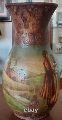 Antique Russe Vase Folk Bois Sculptés Couples Décorés Rare Vieux 19ème