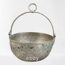 Antique Sterling Silver Bowl Setla Poignée Fleur Orientalisme Décor Rare Vieux 19ème