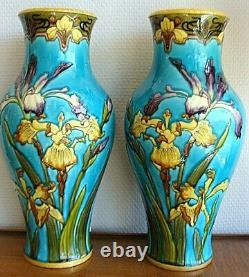 Antique Victor Yung Paire Vases Émaillées Objets De Terre Sèvres Iris Signé Old19th