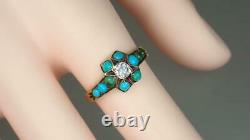 Antique Victorian 15k Gold Old Mine Cut Diamond Turquoise Floral Star Ring S 6.5