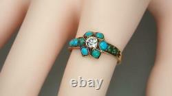 Antique Victorian 15k Gold Old Mine Cut Diamond Turquoise Floral Star Ring S 6.5