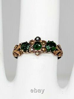 Antique Victorienne 1880s 1ct Old Euro Natural Emerald Pearl 14k Yellow Gold Ring