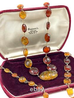 Antique Victorienne Old Rare Amber Set Long? Collier 2 Bracelets Jumeaux Coupe De Coussin