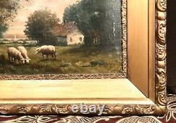 Antique Vintage 19c J. Davis Paysage Américain Avec L'huile De Mouton / Canvas Peinture Vieux