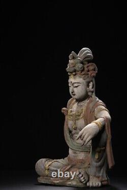 Antique Vintage Chinese Old Wood Carving Kwan-yin Statue Painted Sculpture Rare<br/><br/>	Statue de Kwan-yin en bois ancien chinois sculpté et peint de style antique rare