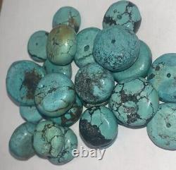 Antique / Vintage Lot De Très Vieux Donut Sculpté Turquoise 23 Perles