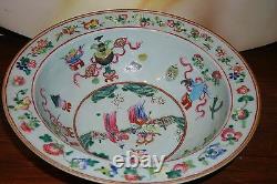Antique Vintage Vieux Chinois Celadon Porcelaine Famille Rose Grand Bassin Bowl