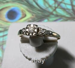 Antique Vtg -14k/18k Or Blanc Et Jaune Avec3 Old Mine Diamonds Wedding Ring Sz 4