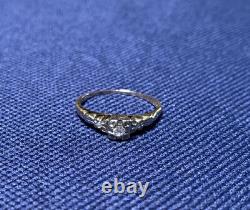 Antique Vtg -14k/18k Or Blanc Et Jaune Avec3 Old Mine Diamonds Wedding Ring Sz 4