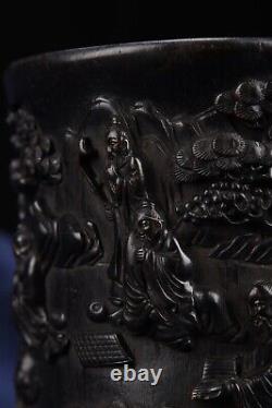 Antique chinoise en ébène sculptée vieille figure de pot de pinceau de fournitures de bureau vintage